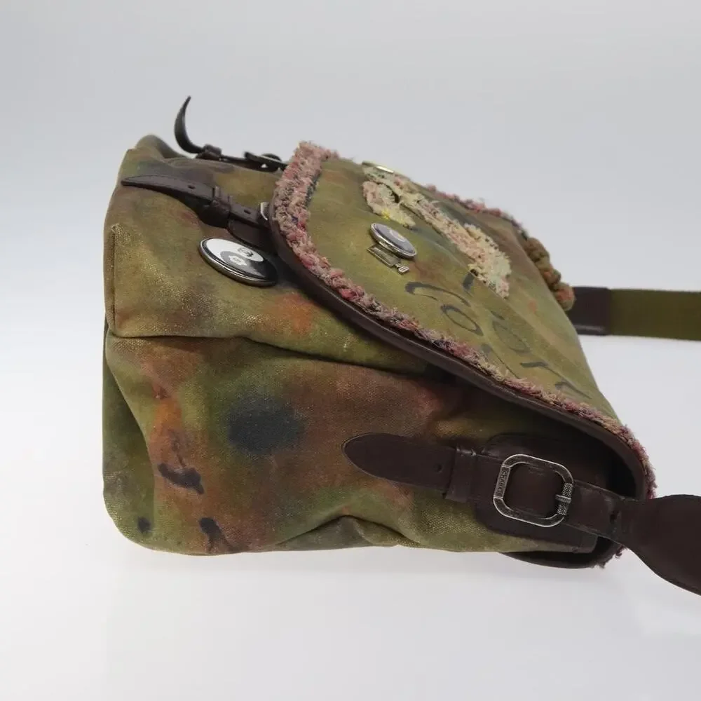 Chanel Embroidery Graffiti CC Canvas Leather Shoulder Bag Khaki